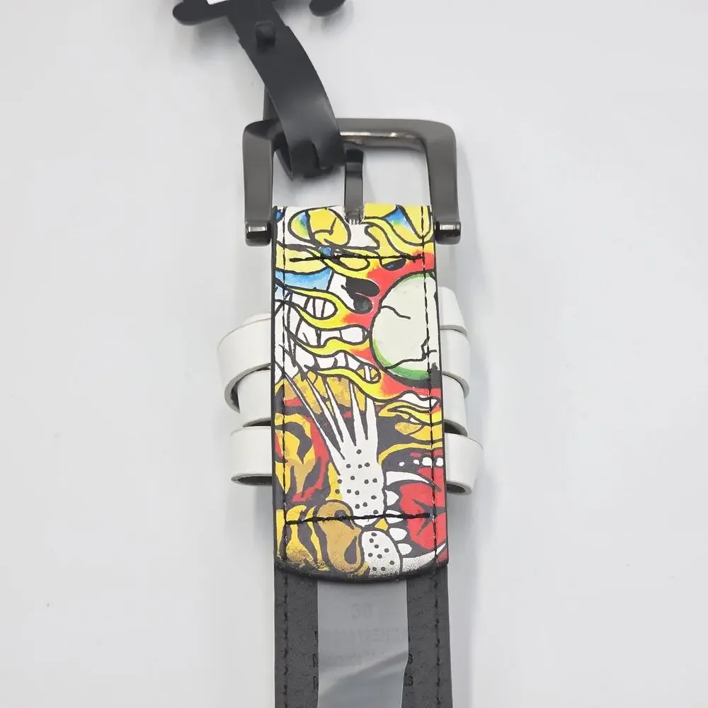Ed Hardy Men's Size 38 Belt Multicolor Tiger Panther Skull Metal Studs New